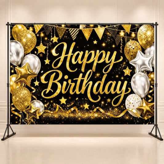 Gold and Silver Glam Happy Birthday Backdrop - Studio Hero