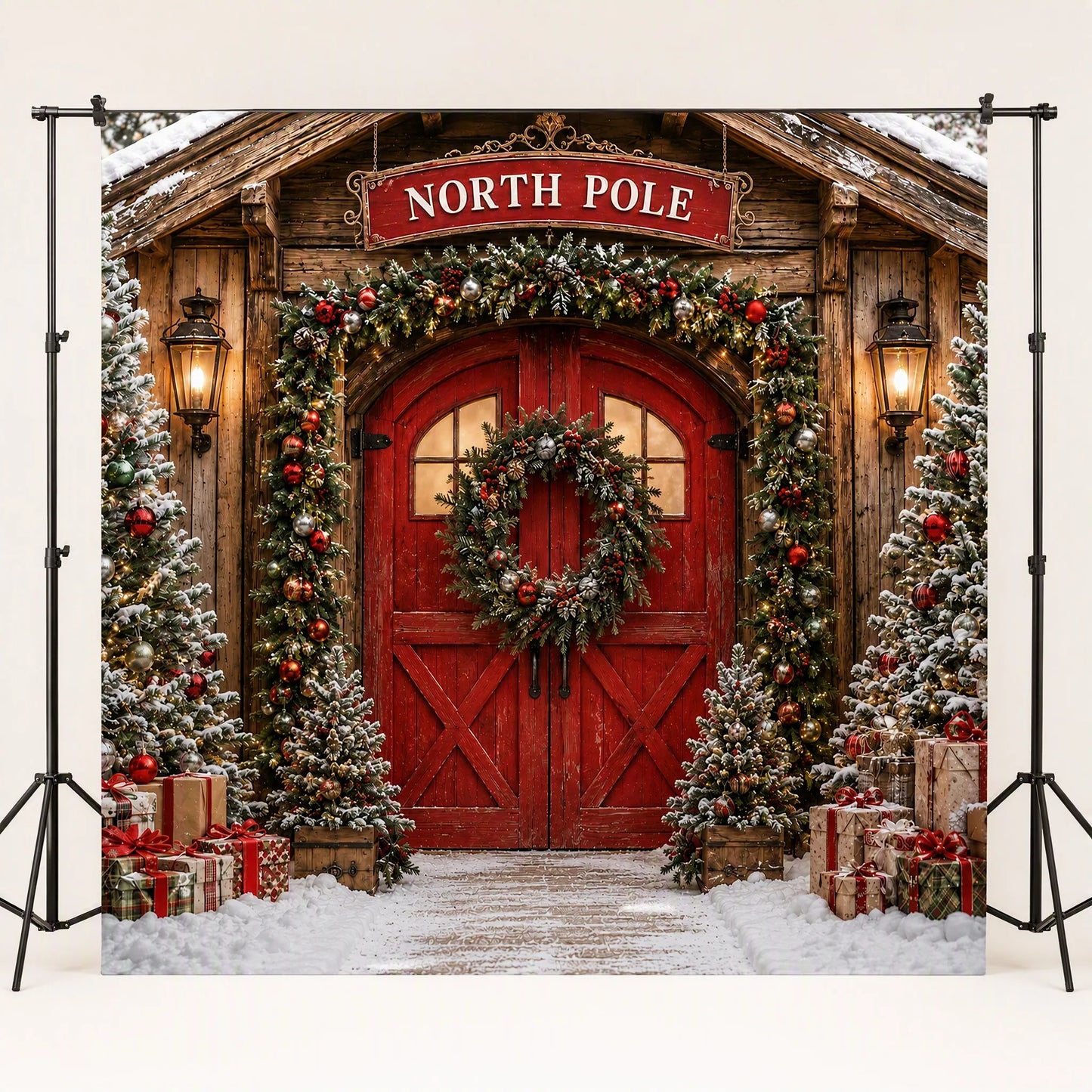 North Pole Entrance Photo Backdrop - Christmas Doorway Scene | 3 Sizes
