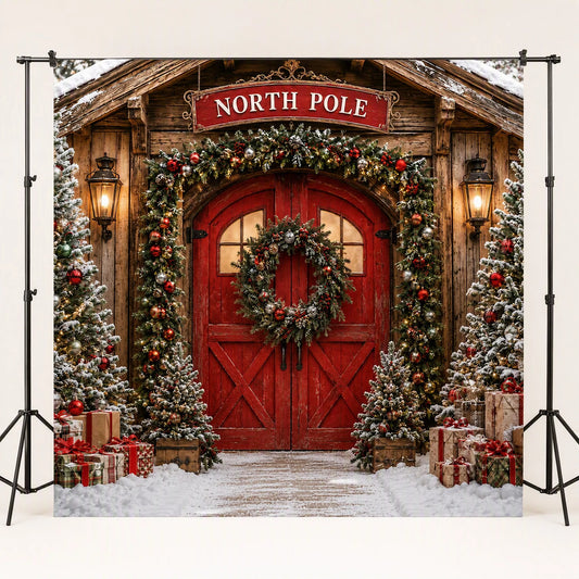 North Pole Entrance Photo Backdrop - Christmas Doorway Scene | 3 Sizes