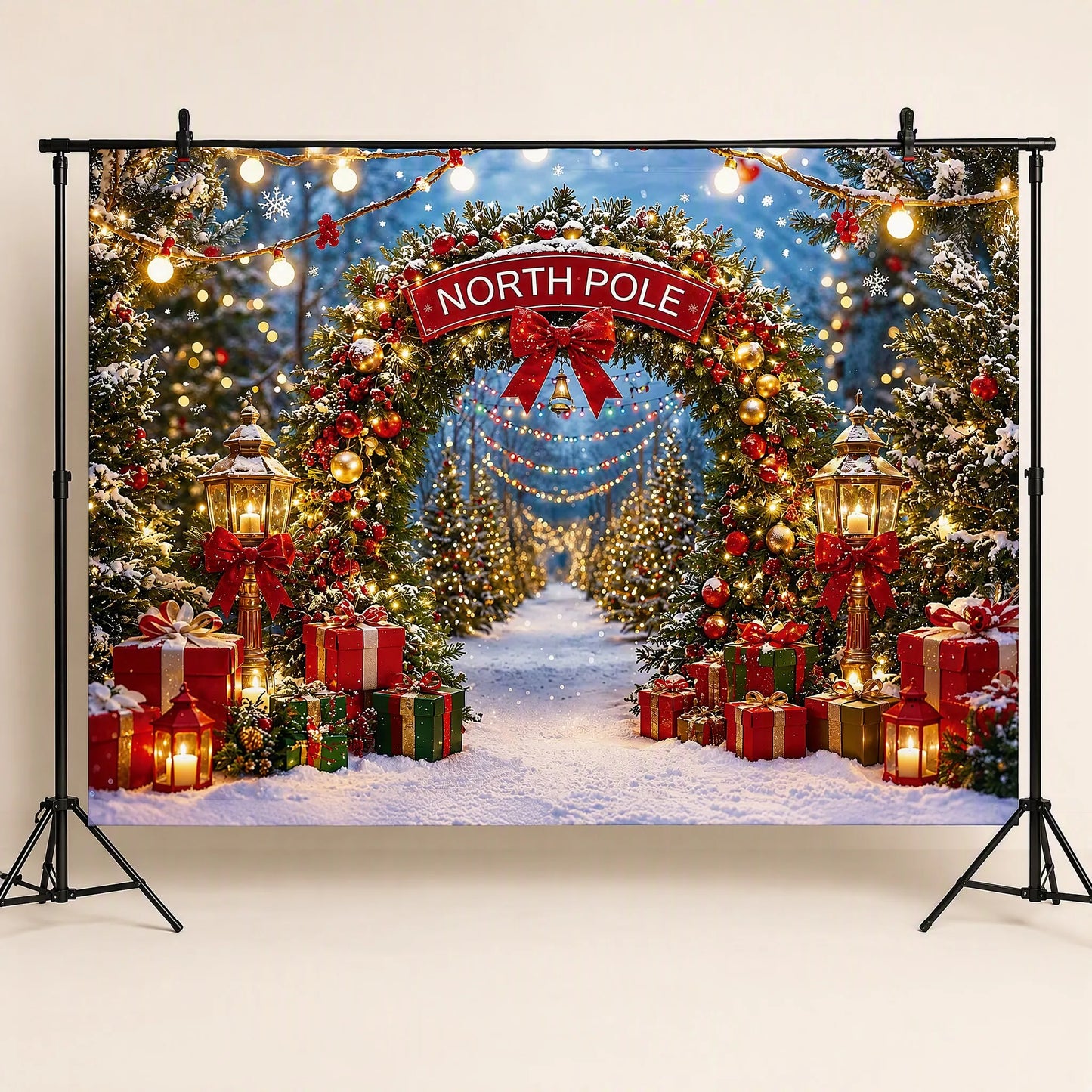 North Pole Night Photo Backdrop - Christmas Archway Scene | 3 Sizes