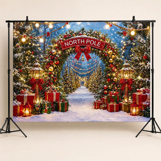 North Pole Night Photo Backdrop - Christmas Archway Scene | 3 Sizes