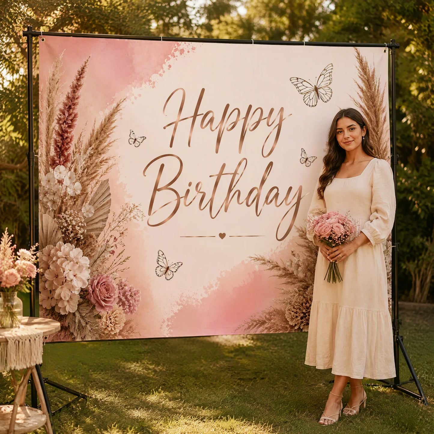 Boho Chic Backdrop with Model at Garden Party