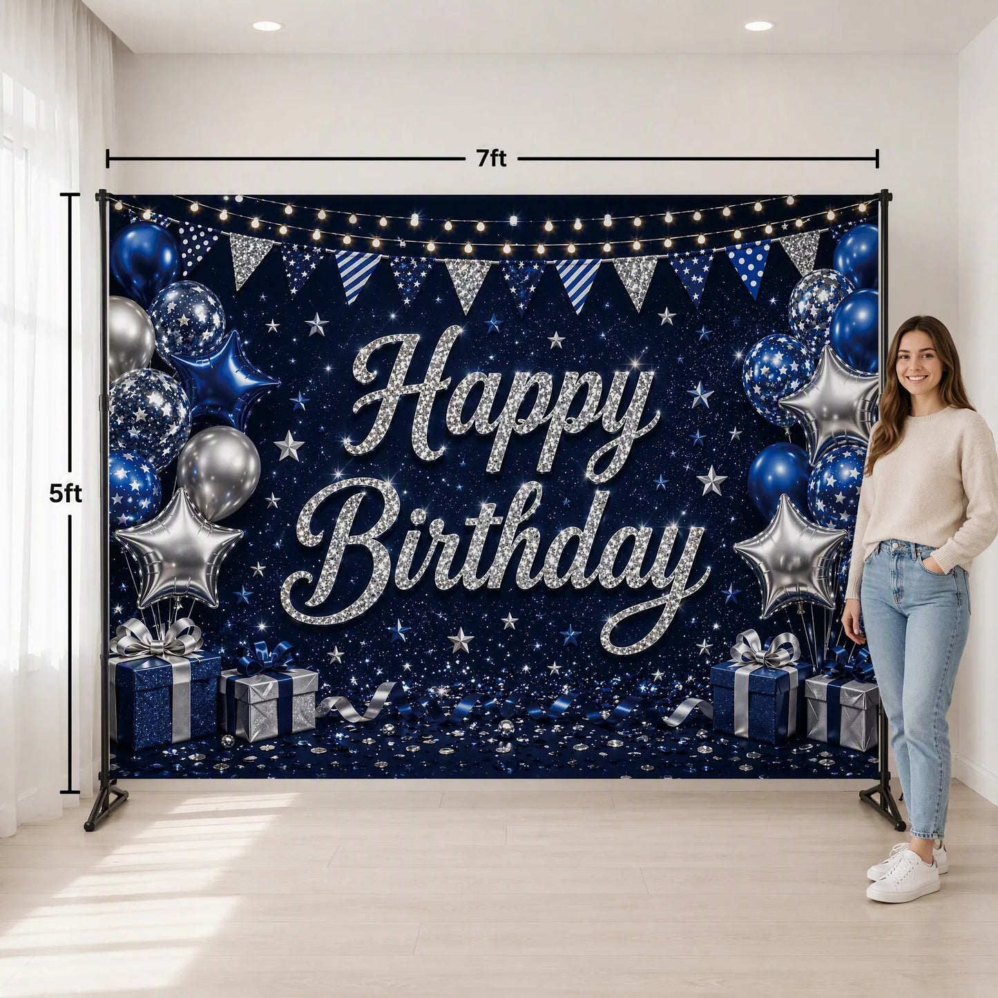Navy Silver Backdrop Size Reference with Person