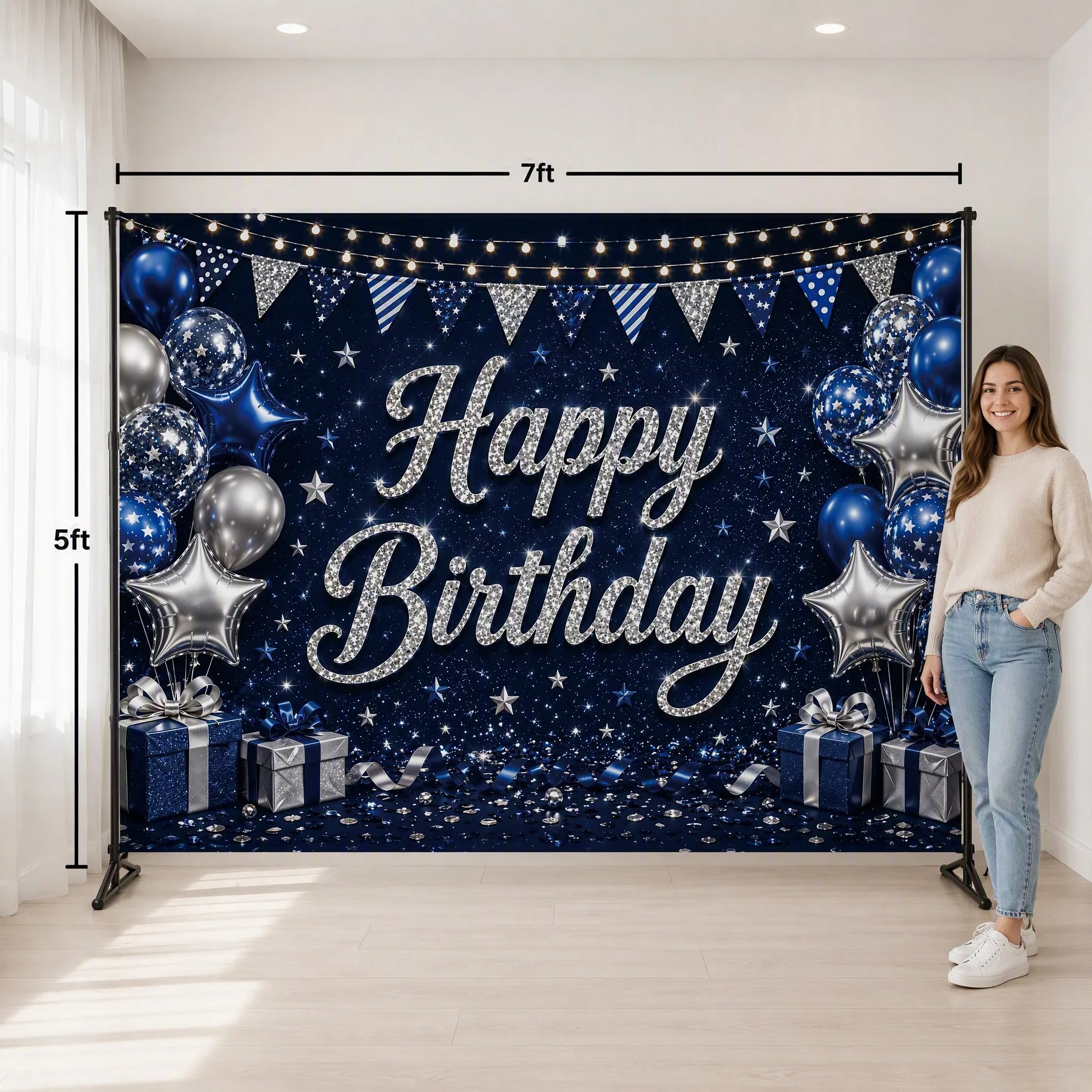 Navy Silver Backdrop Size Reference with Person