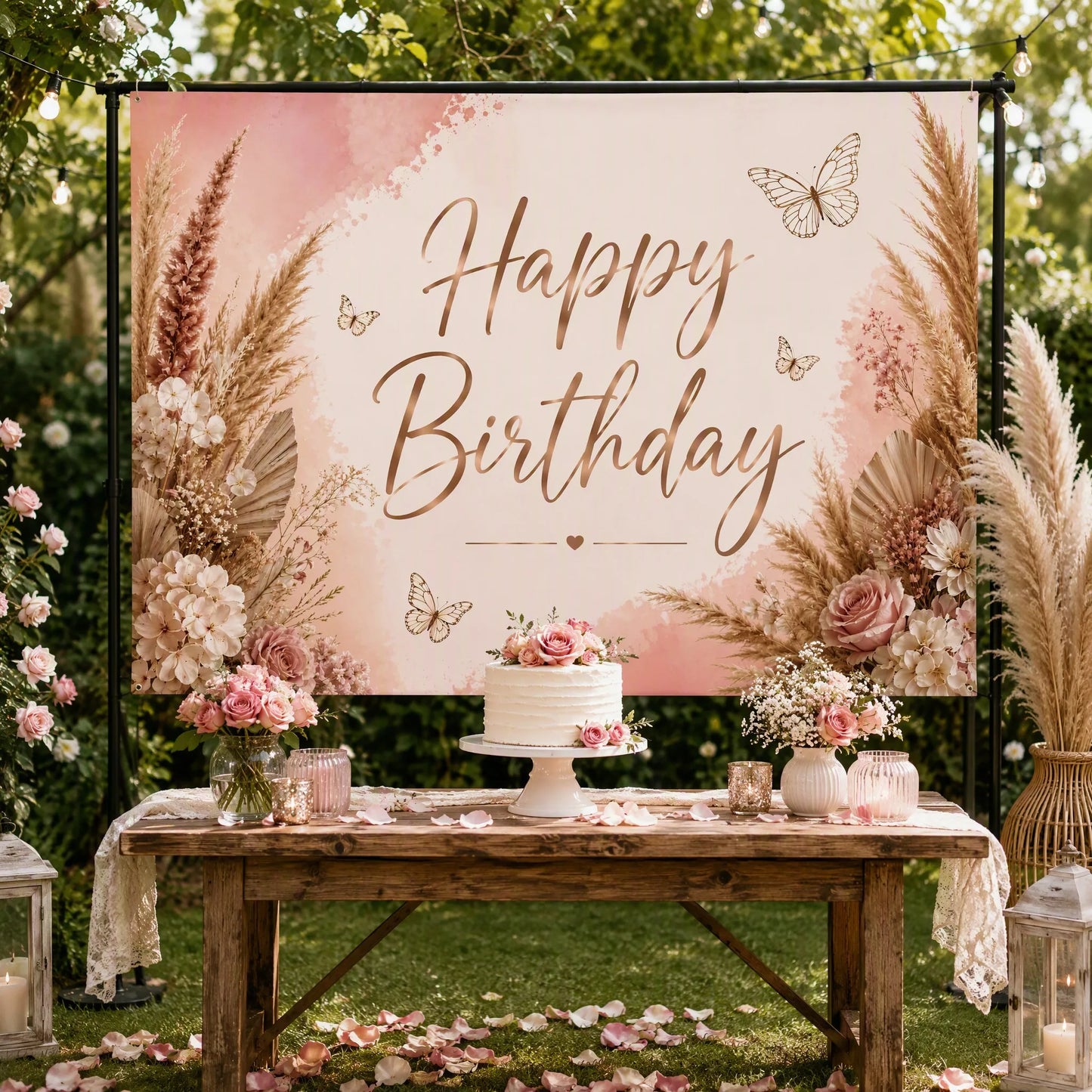 Boho Chic Birthday Garden Party Scene with Cake