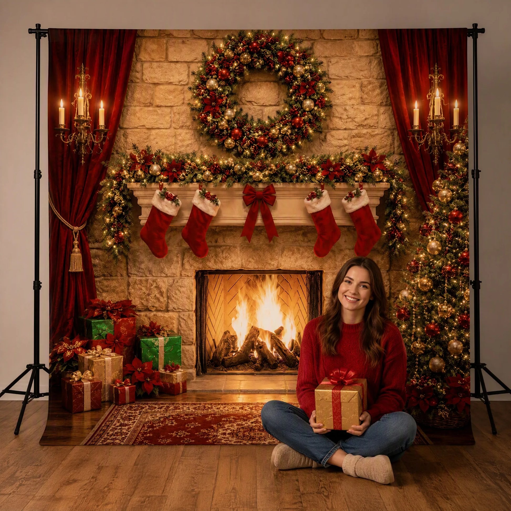Christmas Fireplace Backdrop with Model
