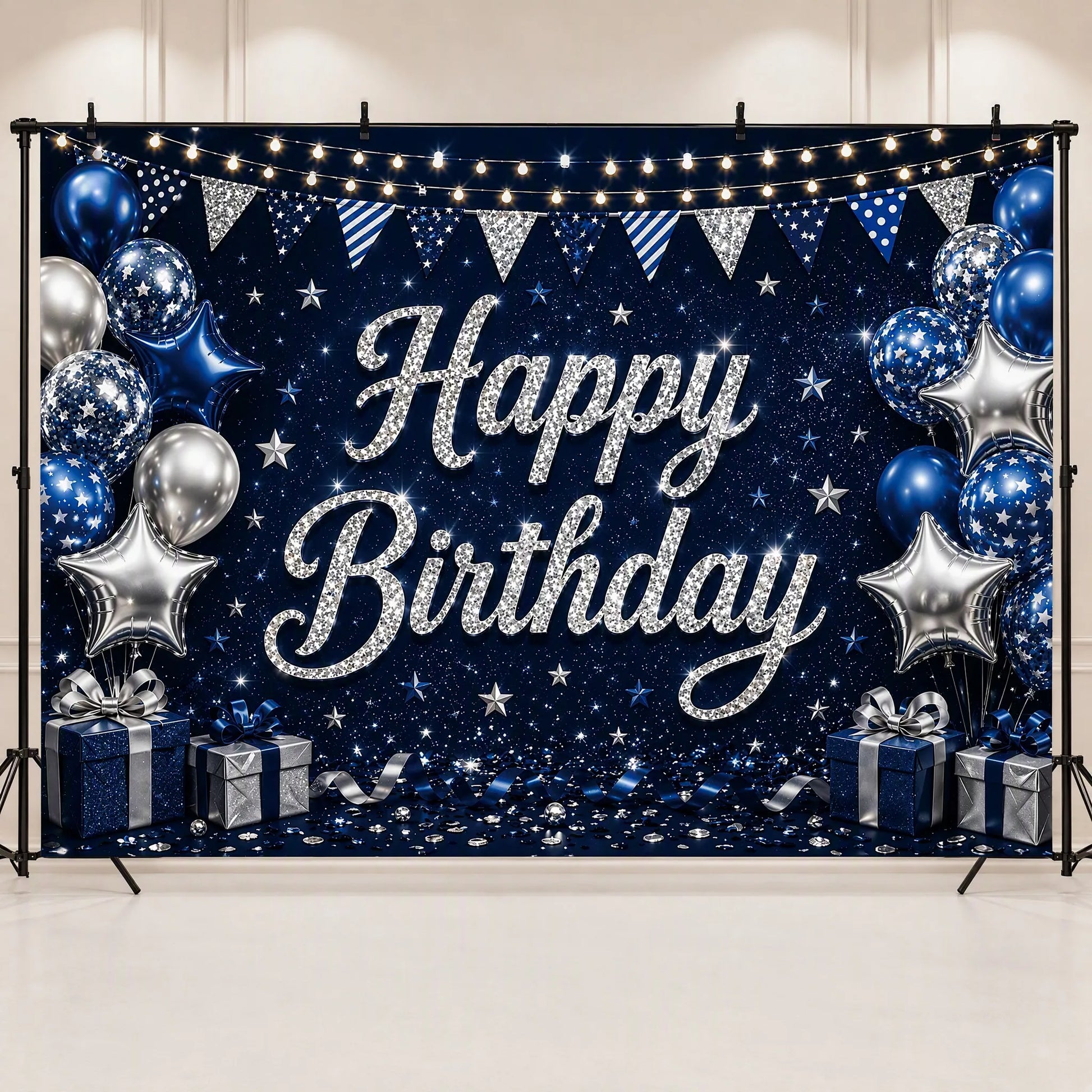 Navy Blue and Silver Starry Night Happy Birthday Backdrop - Studio Hero