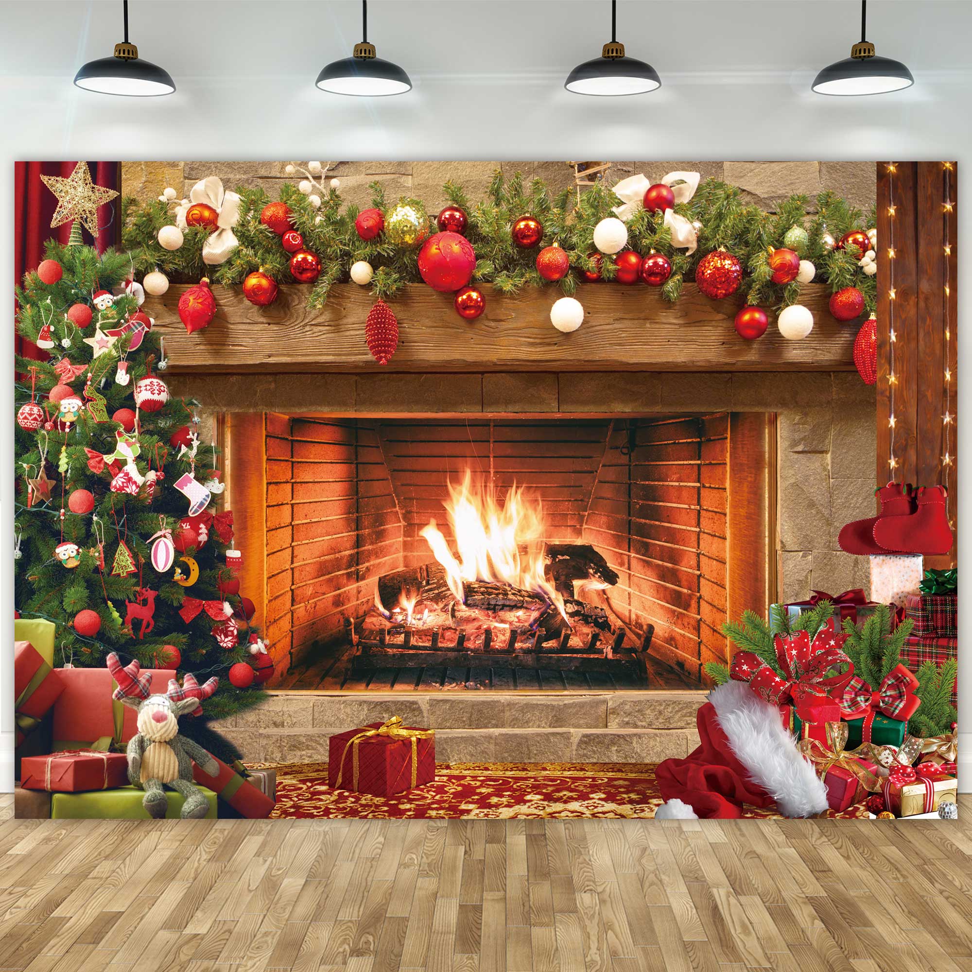 Christmas Fireplace Backdrop Vintage Xmas Tree Background Photography for Party Decorations Photo