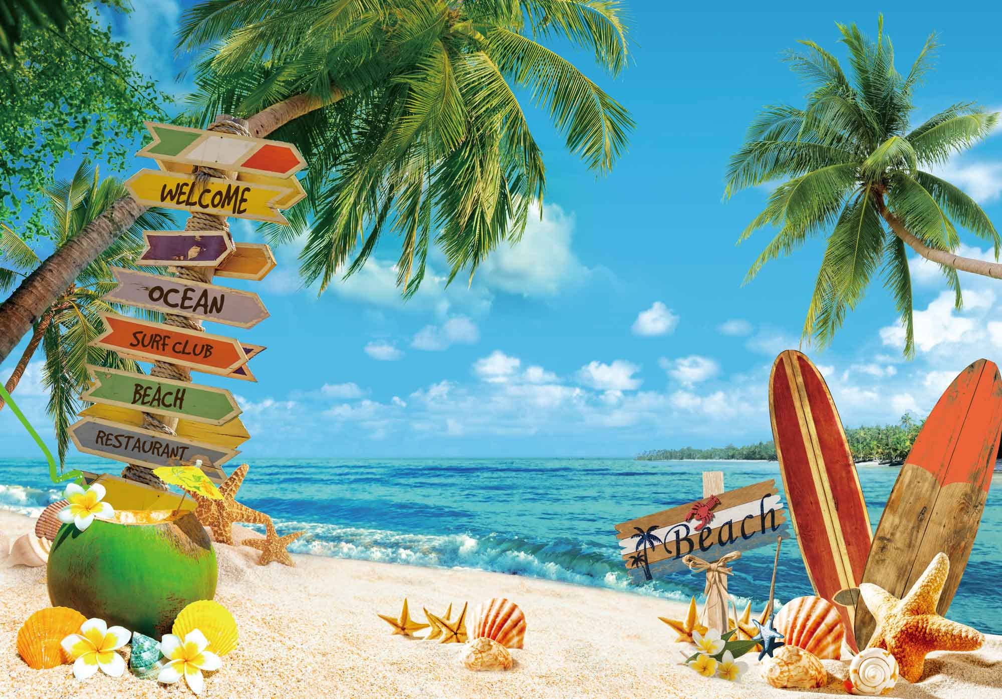 Summer Beach Backdrop Tropical Seaside Background Island Palm Trees Photography Blue Sea Sky Hawaii Aloha Luau Party Decoration Banner Pictures Photo Props