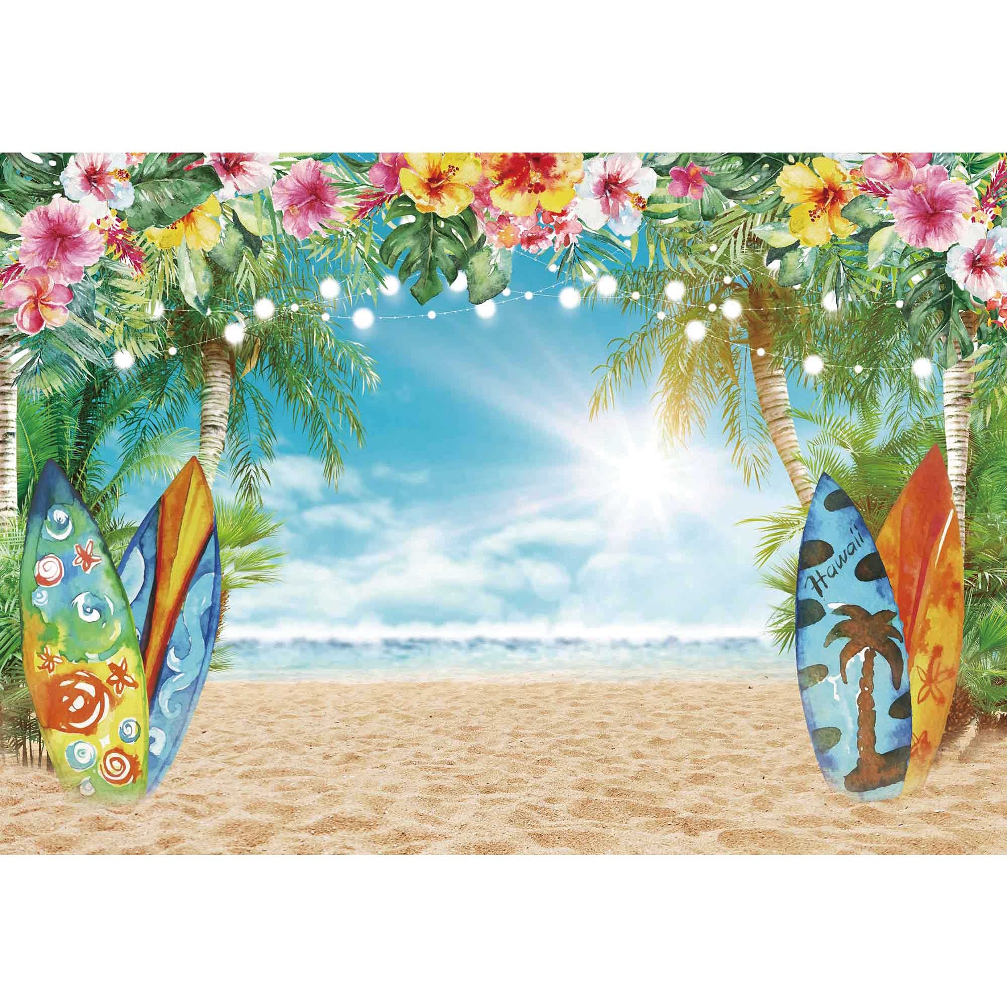 Summer Hawaiian Beach Backdrop Sky Ocean Tropical Flower Palm Leaves Surfboard Photography Background for Luau Aloha Party Decoration Banner Picture Photo Booth