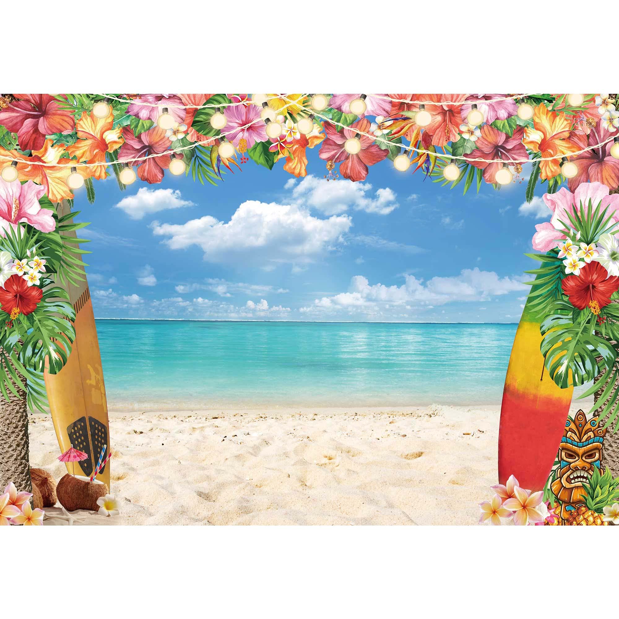 Summer Hawaiian Beach Backdrop for Photography Tropical Flower Luau Hawaiian Party Decorations Aloha Blue Sky Ocean Palm Leaves Background Supplies Photoshoot