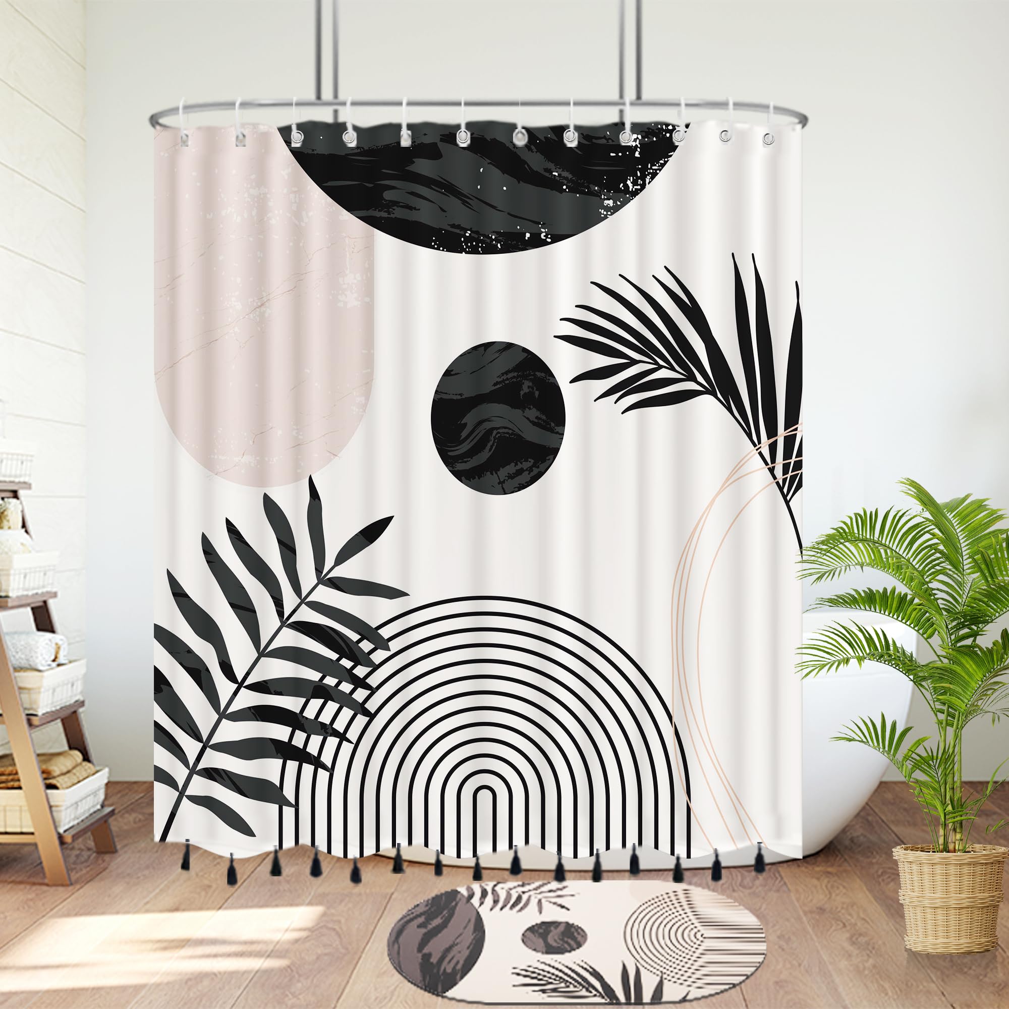 Boho Mid Century Leaf Shower Curtain Set,Arch Sun Design,Minimalistic Leaves Pattern,Waterproof and Luxurious Fabric-12 Hooks