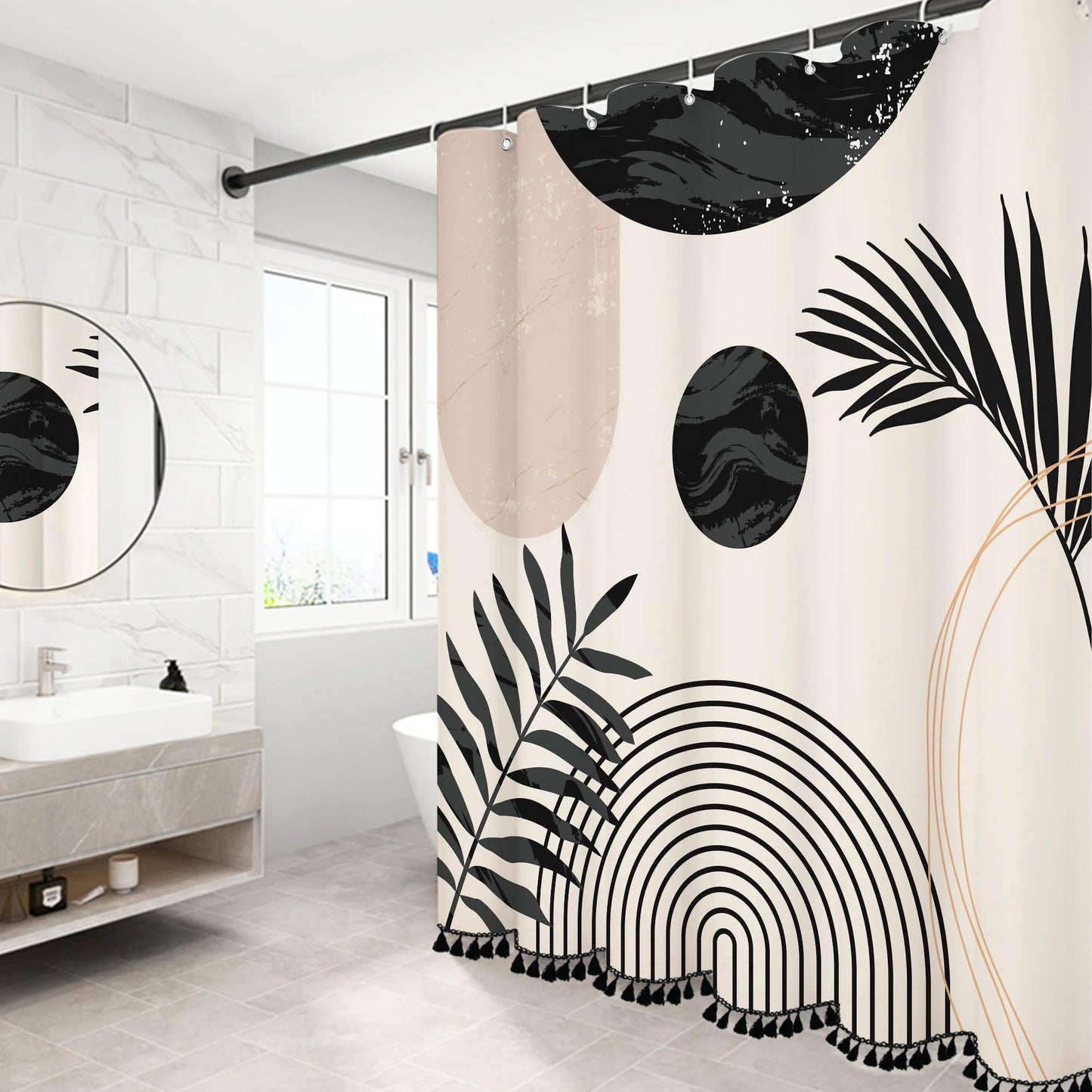 Boho Mid Century Leaf Shower Curtain Set,Arch Sun Design,Minimalistic Leaves Pattern,Waterproof and Luxurious Fabric-12 Hooks