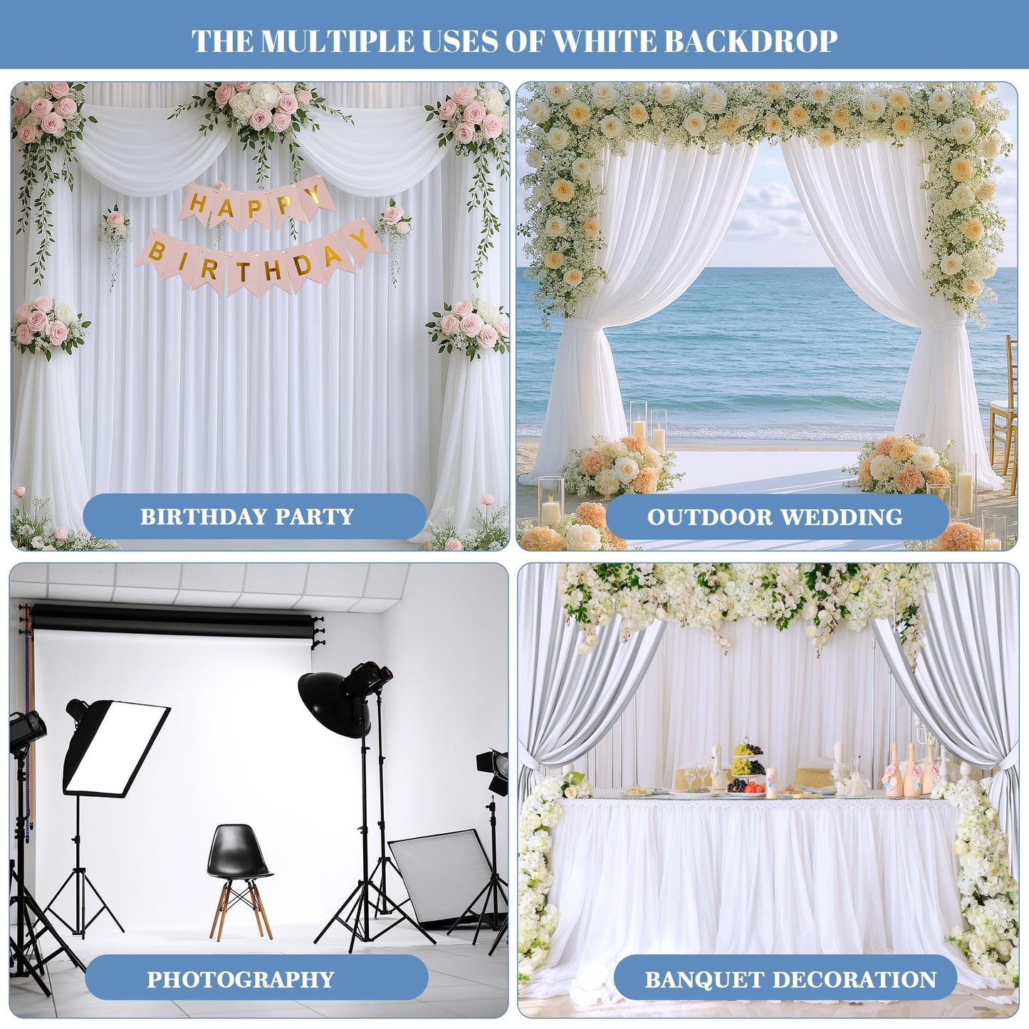 White Curtains Backdrop for Wedding Parties 8.5x10ft with Stand Kit